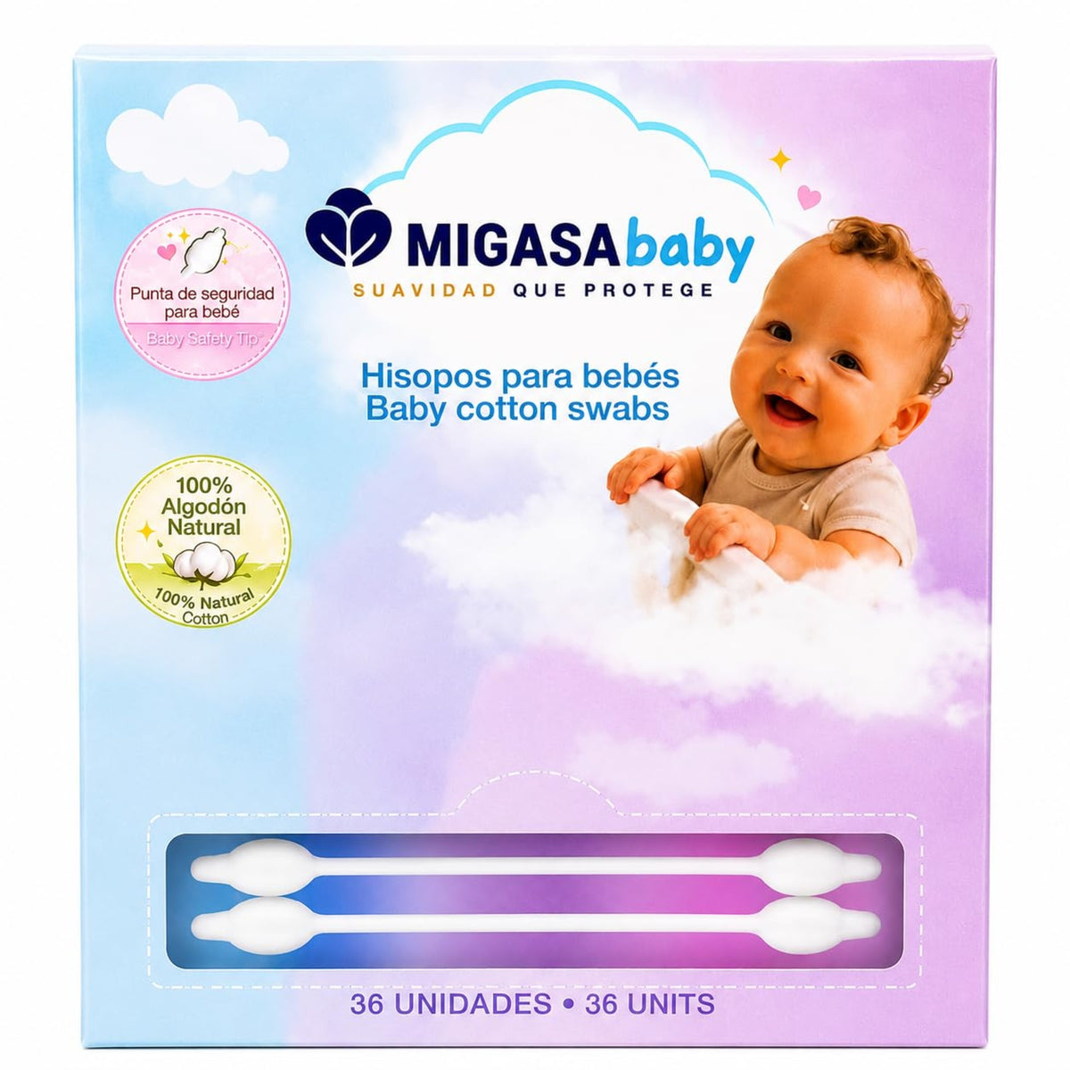 Baby Cotton Swabs 36 Count - 100% Natural Cotton with Safety Tip Design for Gentle External Baby Care, Outer Ear, Skin Folds & Belly Button Area