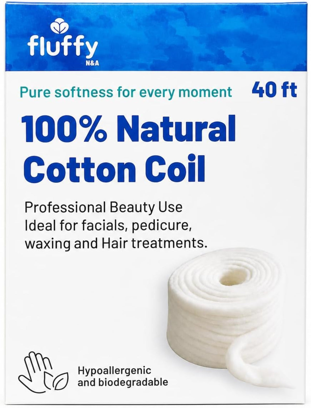 Fluffy 100% Cotton Coil 40 ft, Reusable Dispenser Box - Salon & Spa Roll