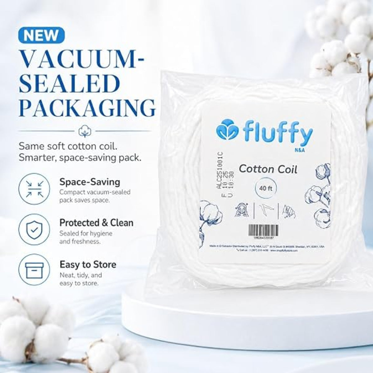 Fluffy 100% Cotton Coil 40 ft, Reusable Dispenser Box - Salon & Spa Roll