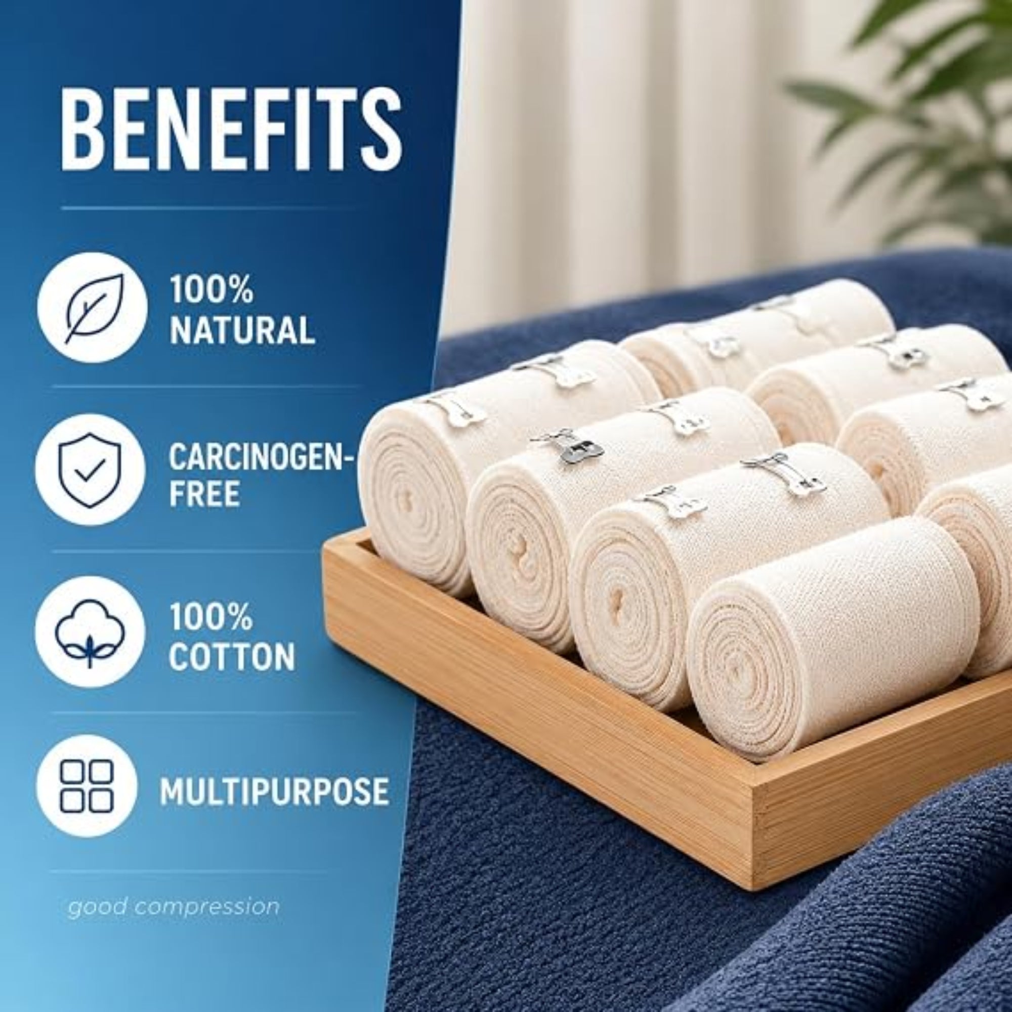 A promotional graphic showing rolled beige cotton bandages arranged in a wooden tray on a blue towel, with a blue sidebar listing benefits: 100% natural, carcinogen-free, 100% cotton, and multipurpose. The text 'good compression' appears at the bottom.