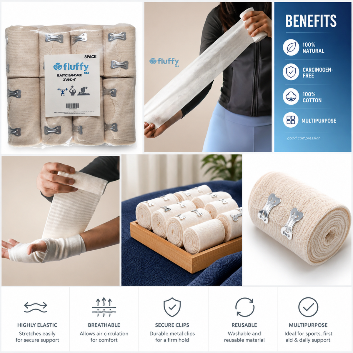 Elastic Bandage Wrap 8 Pack, Latex-Free Compression Support Latex-free cotton-blend wrap with clips; washable and reusable; 3 in and 4 in widths