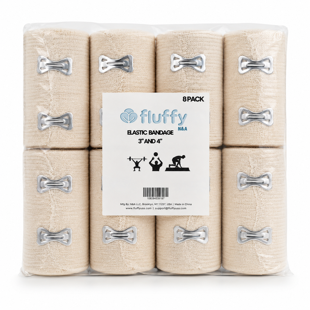 Elastic Bandage Wrap 8 Pack, Latex-Free Compression Support Latex-free cotton-blend wrap with clips; washable and reusable; 3 in and 4 in widths
