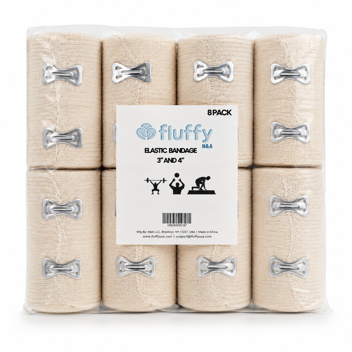 Elastic Bandage Wrap 8 Pack, Latex-Free Compression Support Latex-free cotton-blend wrap with clips; washable and reusable; 3 in and 4 in widths