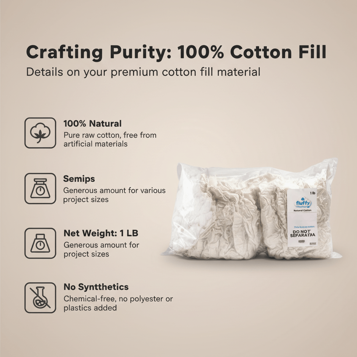 Fluffy Cotton Stuffing 1lb - Fiber Fill for Pillows, Plush Toys & Crafts