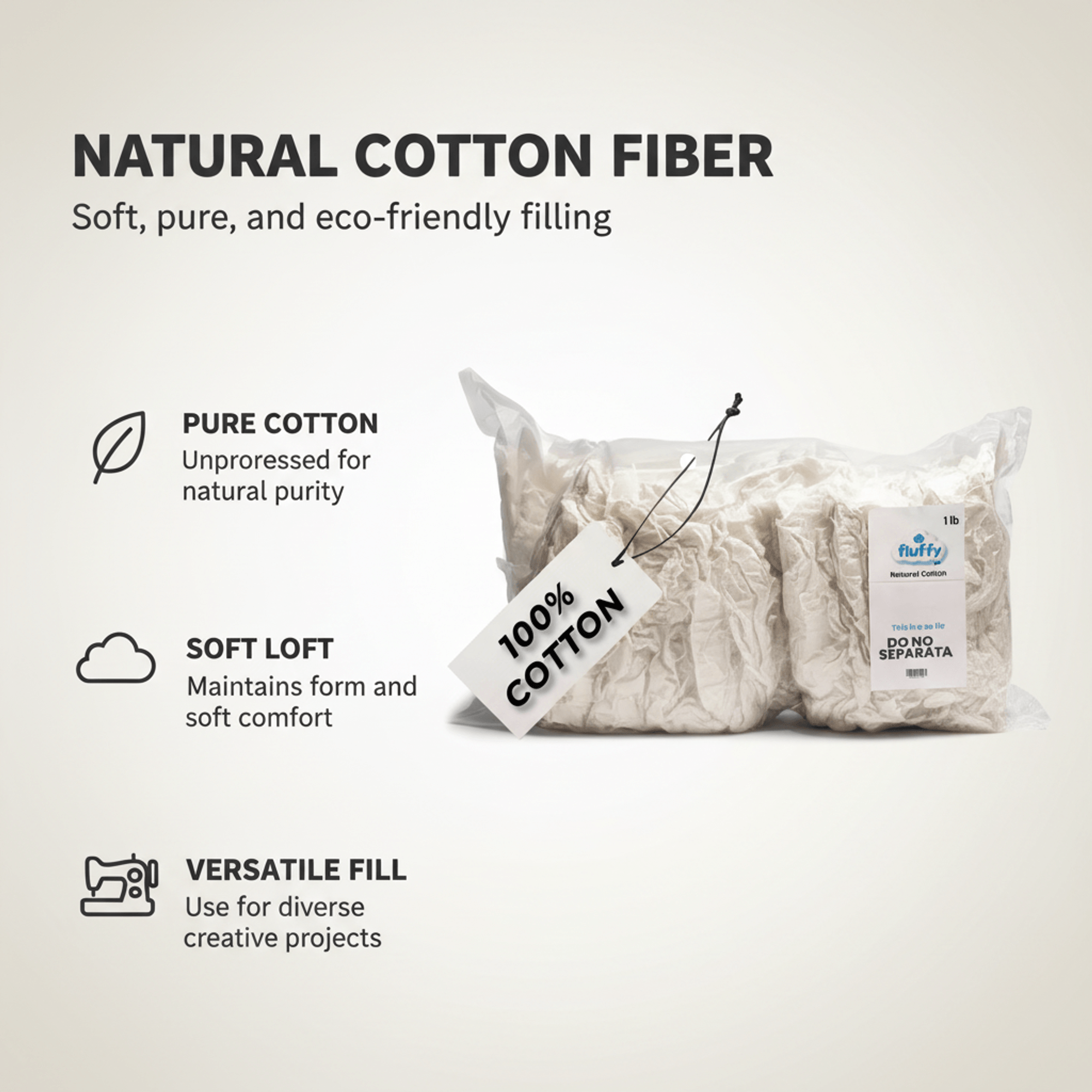 Fluffy 100% Raw Cotton Fiber 4 Pack, 4 lb Total (1 lb Each)