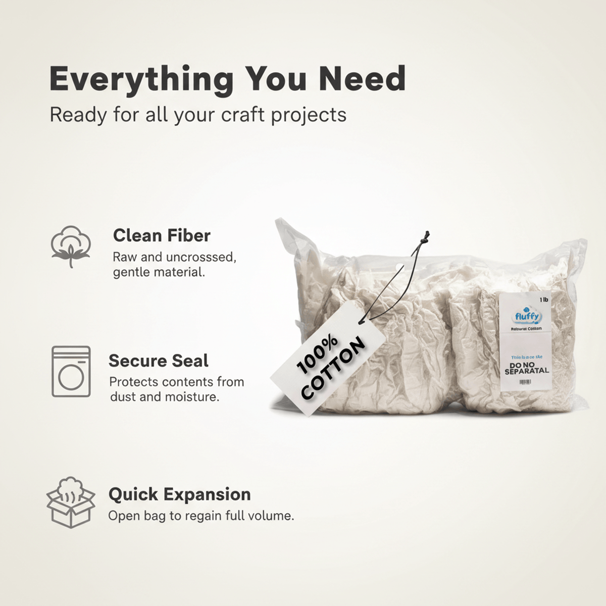 Fluffy 100% Raw Cotton Fiber 4 Pack, 4 lb Total (1 lb Each)