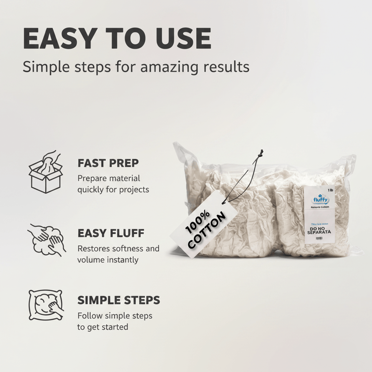 Fluffy 100% Raw Cotton Fiber 4 Pack, 4 lb Total (1 lb Each)
