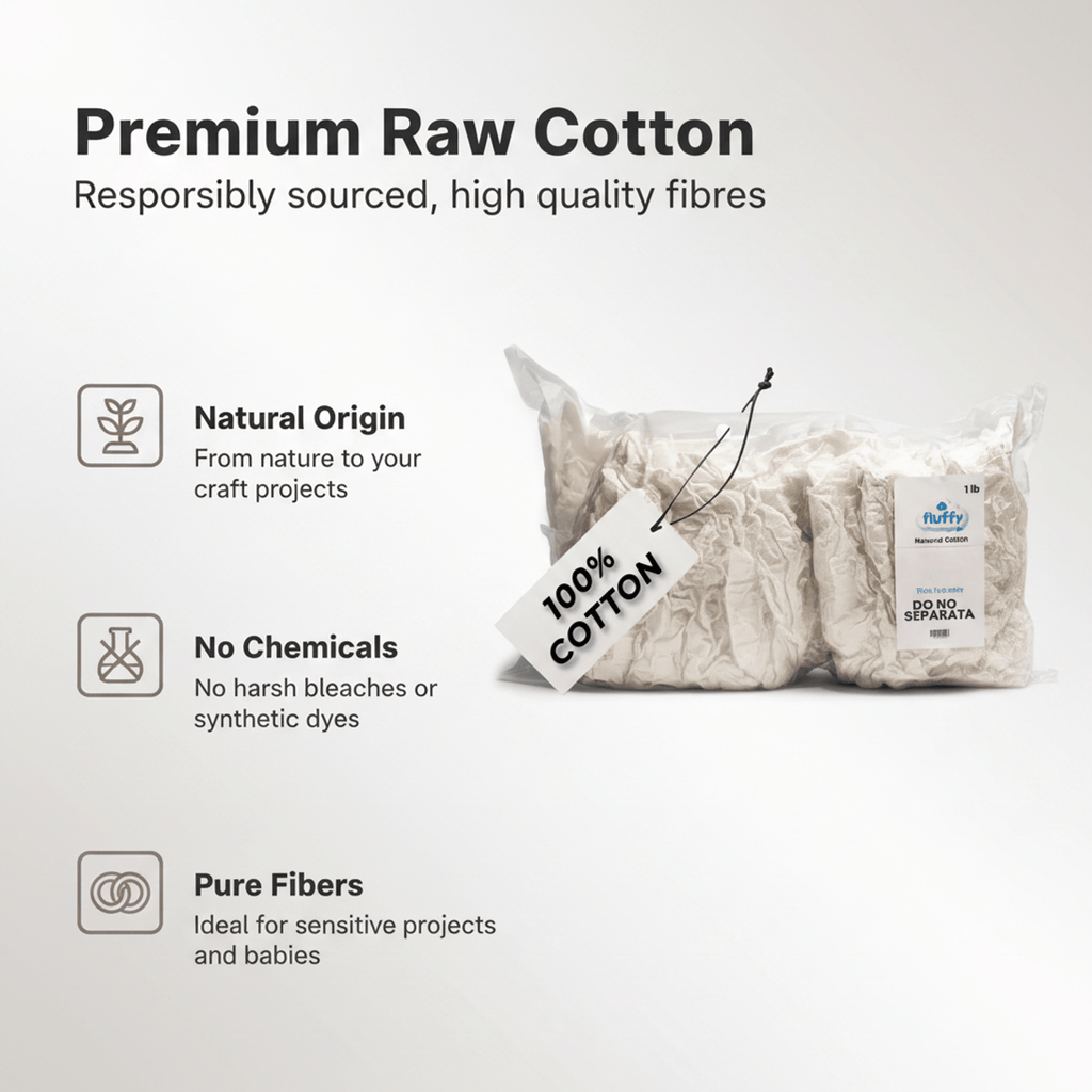 Fluffy 100% Raw Cotton Fiber 4 Pack, 4 lb Total (1 lb Each)
