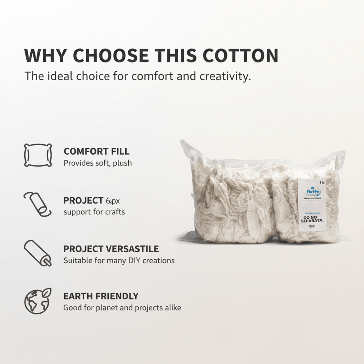 Fluffy 100% Raw Cotton Fiber 4 Pack, 4 lb Total (1 lb Each)