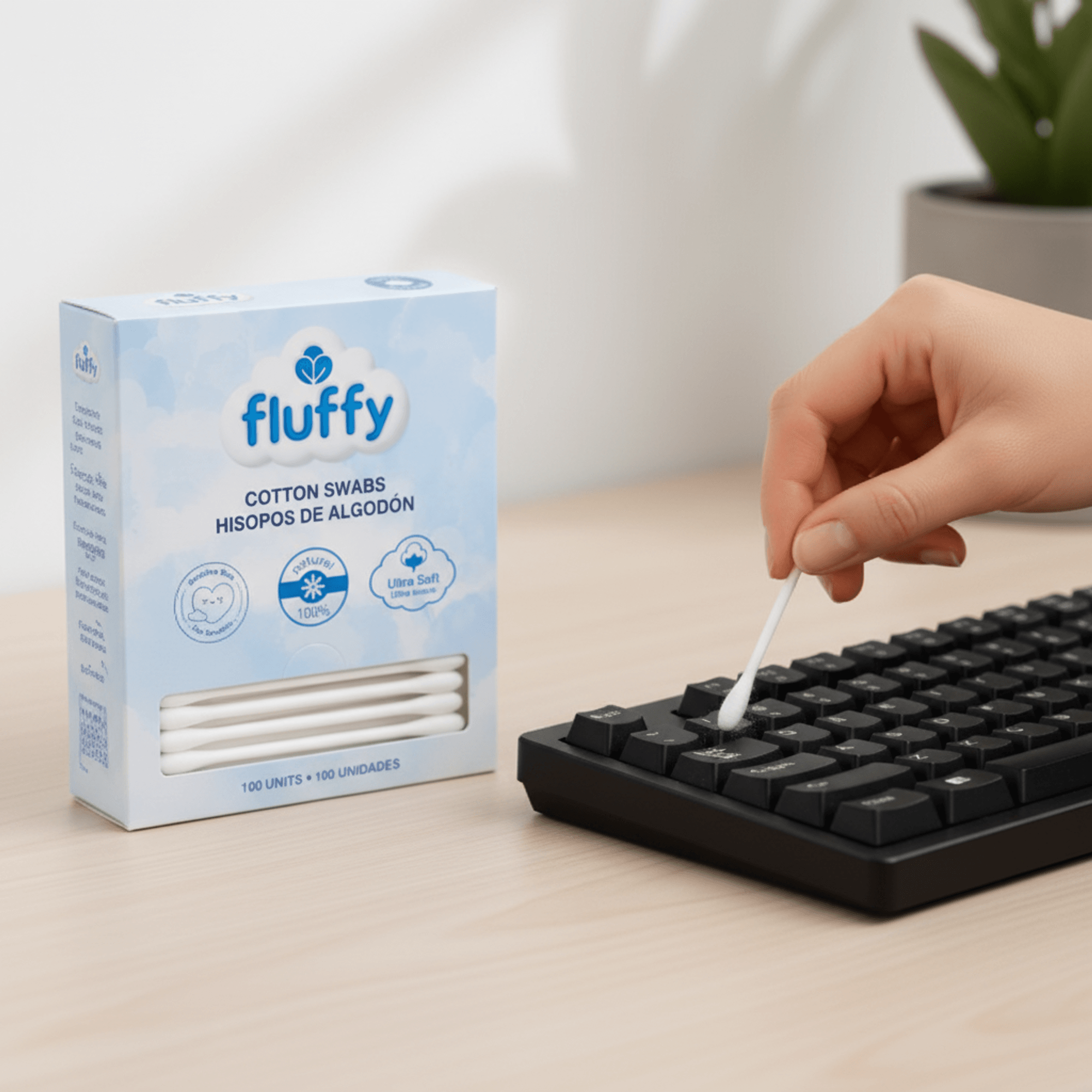 Fluffy Double-Tip Natural Cotton Swabs, 100 Count, for Teens & Adults