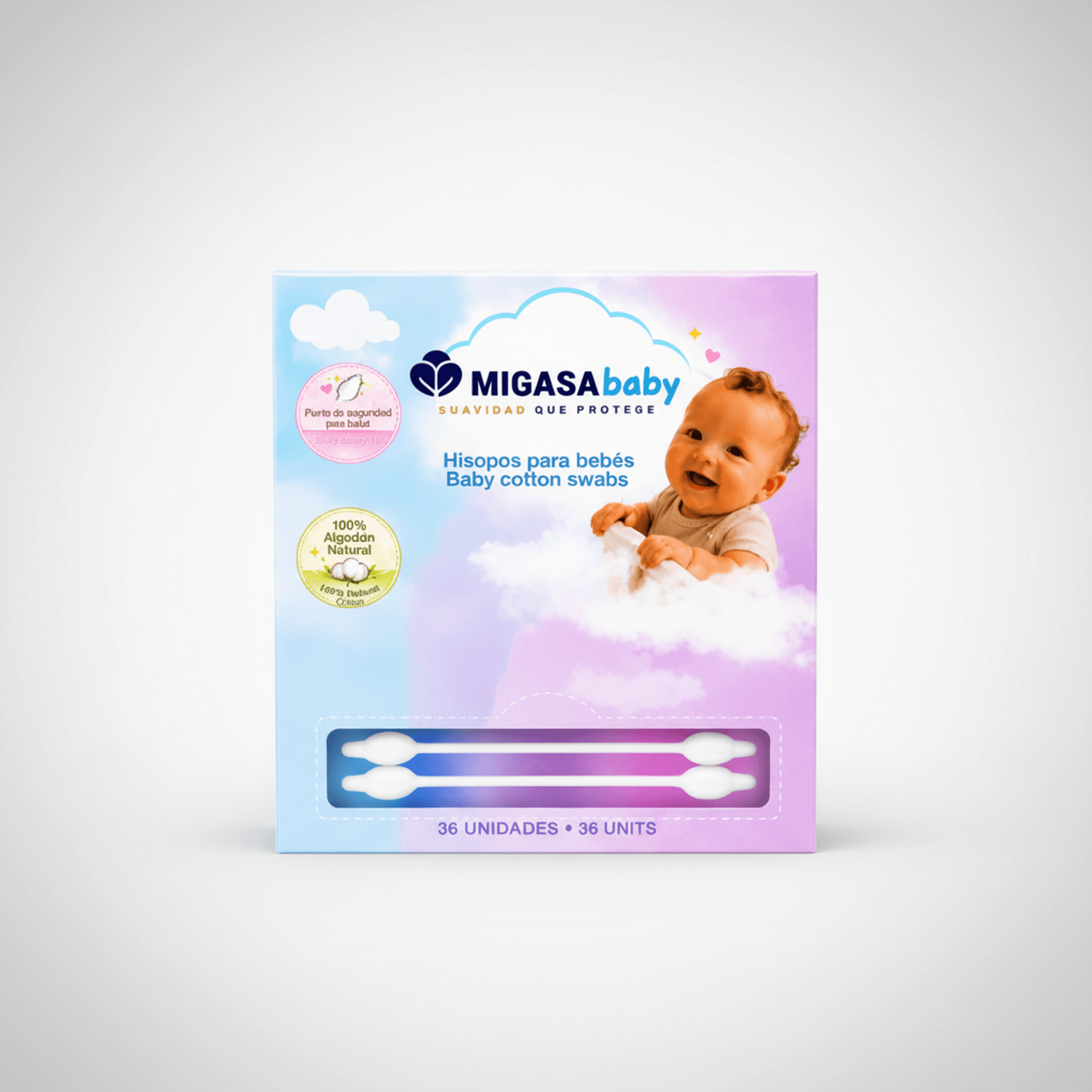 Baby Cotton Swabs 36 Count - 100% Natural Cotton with Safety Tip Design for Gentle External Baby Care, Outer Ear, Skin Folds & Belly Button Area