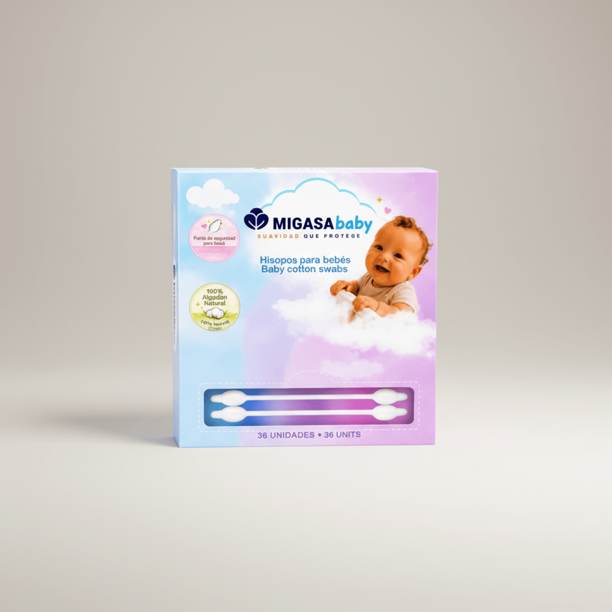 Baby Cotton Swabs 36 Count - 100% Natural Cotton with Safety Tip Design for Gentle External Baby Care, Outer Ear, Skin Folds & Belly Button Area