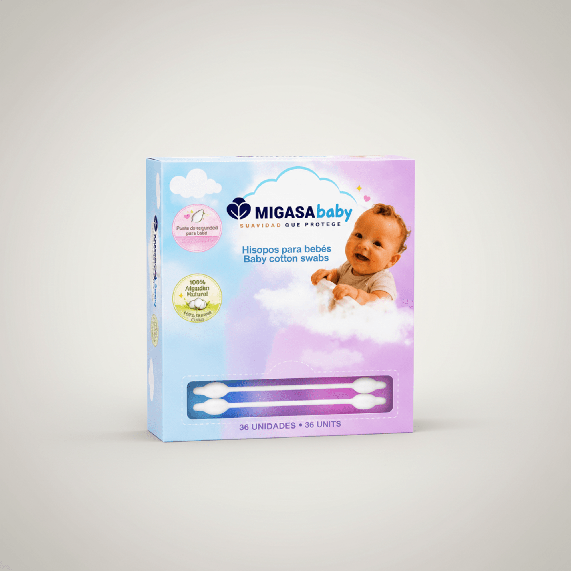 Baby Cotton Swabs 36 Count - 100% Natural Cotton with Safety Tip Design for Gentle External Baby Care, Outer Ear, Skin Folds & Belly Button Area